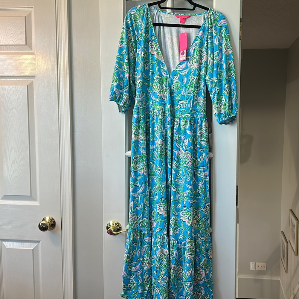 NWT Lilly Pulitzer Floral Blue Maxi Wrap Dress